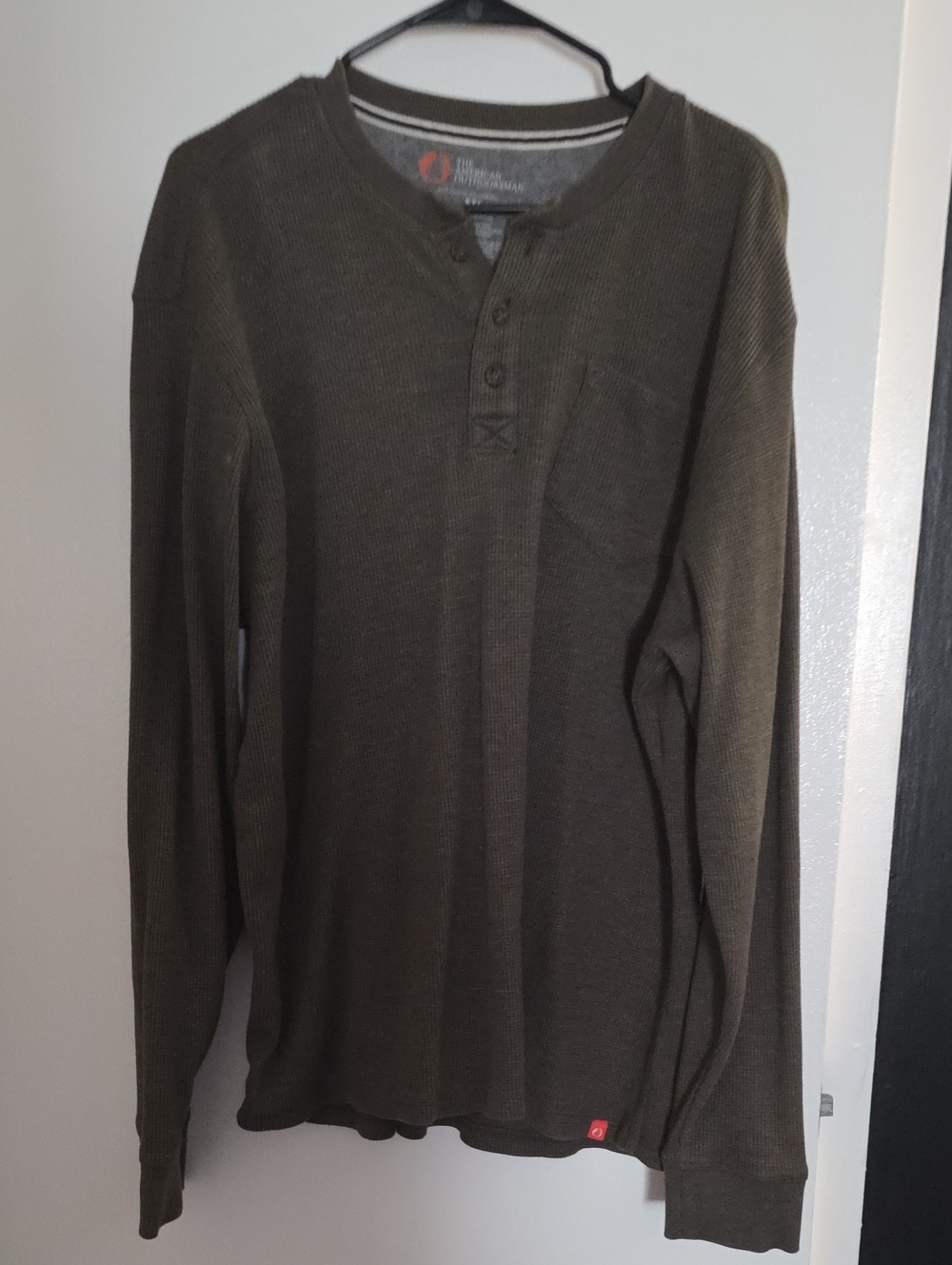 Long-Sleeve Olive Waffle Henley Crewneck Sweater